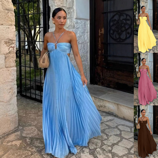 Robe Élégante Plissée à Bretelles – Taille Haute & Dos Ajourné