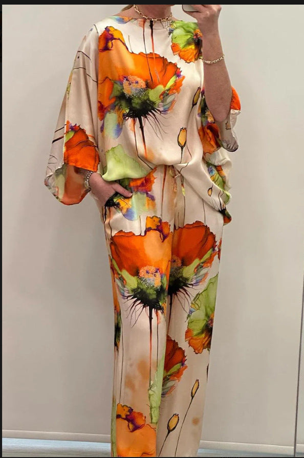 Ensemble décontracté en satin imprimé à col rond