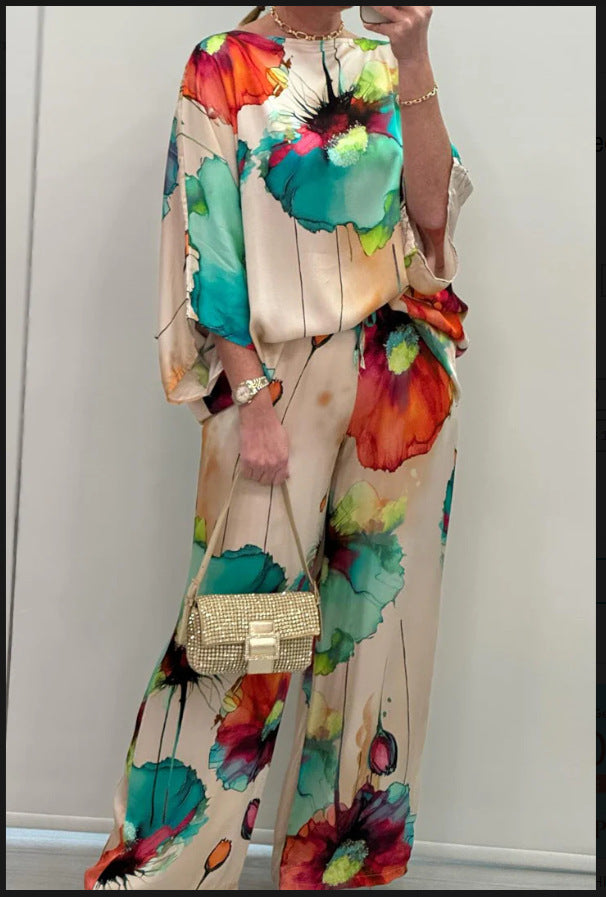 Ensemble décontracté en satin imprimé à col rond