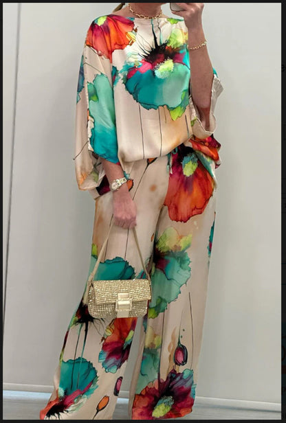 Ensemble décontracté en satin imprimé à col rond