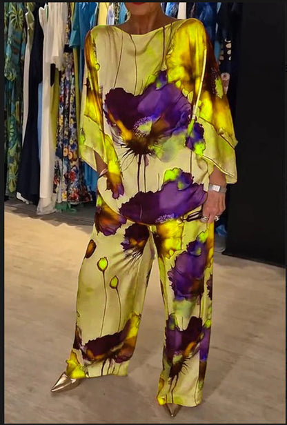 Ensemble décontracté en satin imprimé à col rond