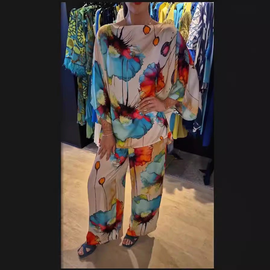 Ensemble décontracté en satin imprimé à col rond