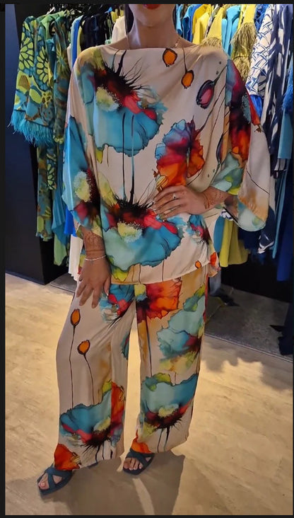 Ensemble décontracté en satin imprimé à col rond